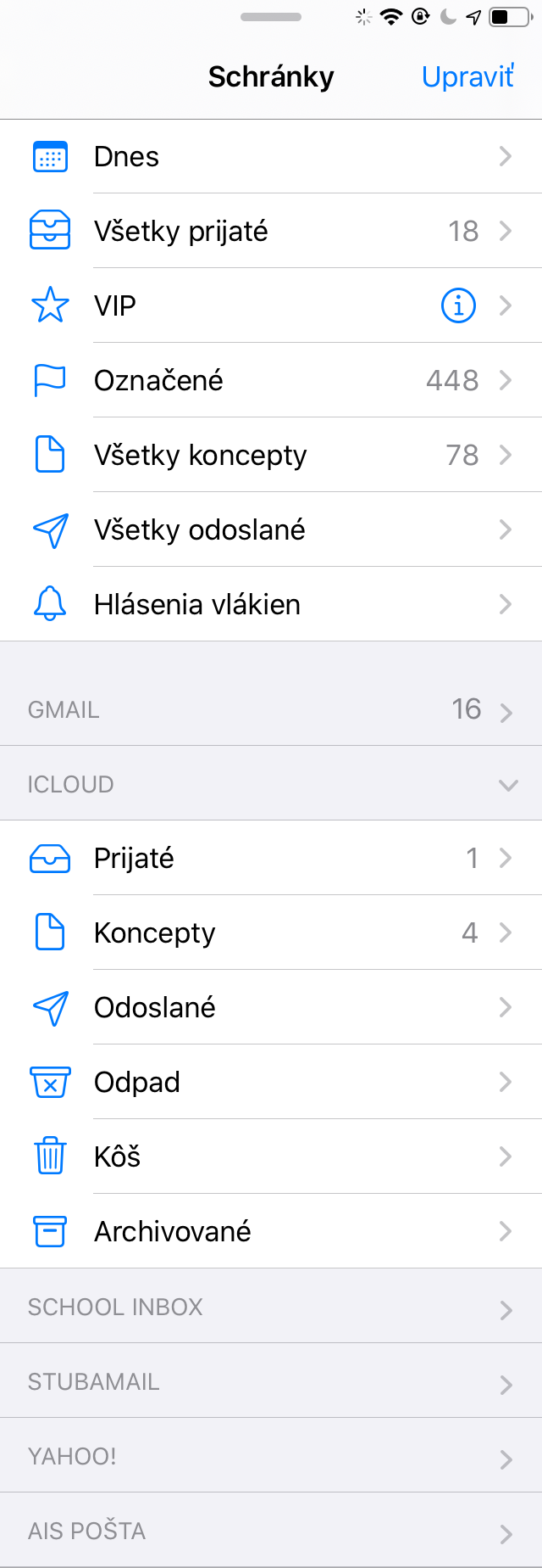 Screenshot of iPhone mailboxes screen