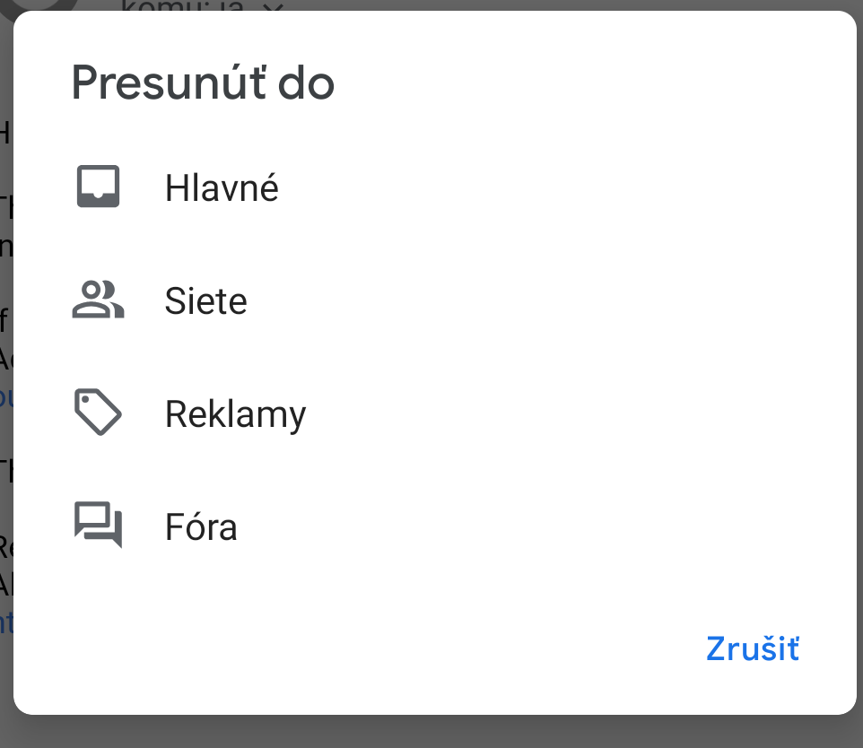Screenshot of the Gmail app move to menu